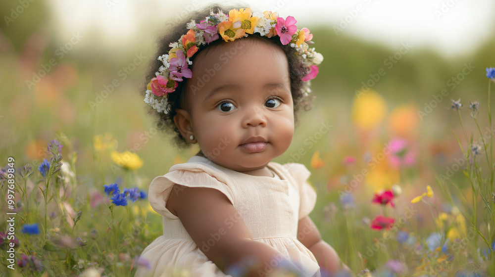 A cheerful African American baby girl enjoys sitting in a vibrant meadow filled with wildflowers, wearing a lovely floral crown that adds to her charm, copy space A cheerful African American baby girl enjoys sitting in a vibrant meadow filled with wildflowers, wearing a lovely floral crown that adds to her charm, copy space