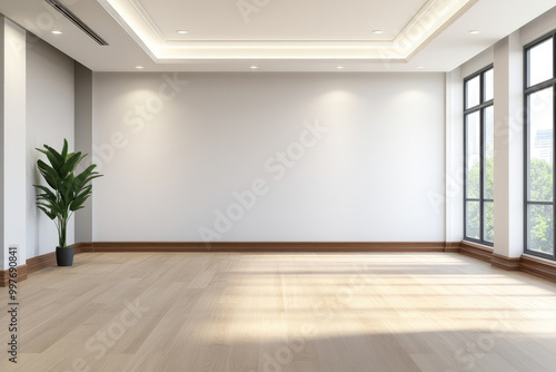 Discover a high-definition 3D illustration of an empty conference room, perfect for presentations or workspace concepts, featuring selective focus and ample text space.