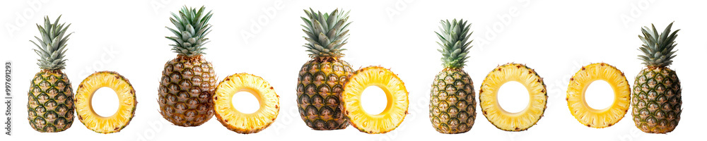 Set of fresh whole and sliced pineapple isolated on white background Set of fresh whole and sliced pineapple isolated on white background