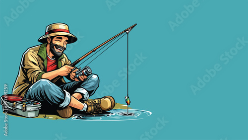 Illustration of a man fishing with complete equipment