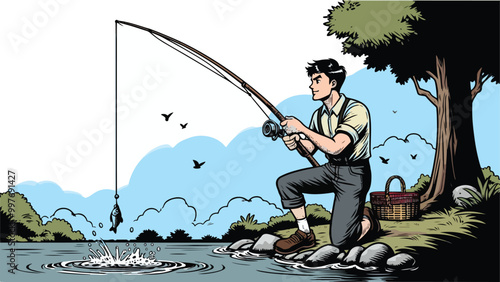 Illustration of a man fishing with complete equipment