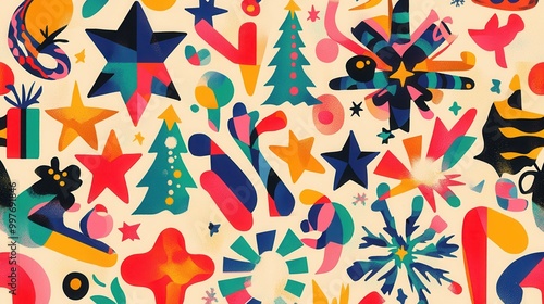 The design showcases a vibrant blend of Christmas symbols, including trees, stars, and gifts, celebrating the holiday spirit. Generative AI