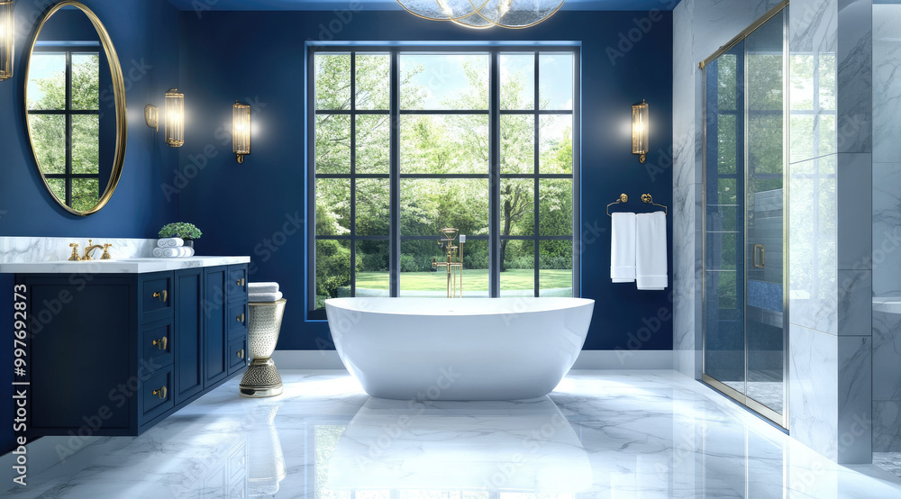 Modern bathroom with blue walls, white marble floor and bathtub, gold accents, mirror, window, and a blue cabinet. Modern bathroom with blue walls, white marble floor and bathtub, gold accents, mirror, window, and a blue cabinet.