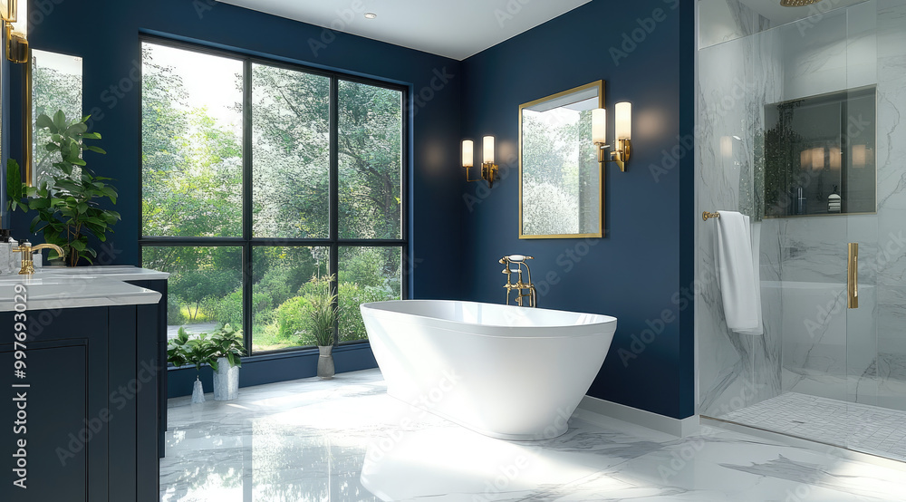Modern bathroom with blue walls, white marble floor and bathtub, gold accents, mirror, window, and a blue cabinet. Modern bathroom with blue walls, white marble floor and bathtub, gold accents, mirror, window, and a blue cabinet.