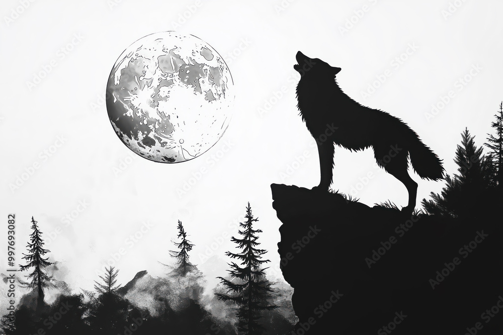 A wolf is standing on a rocky ledge in front of a full moon A wolf is standing on a rocky ledge in front of a full moon