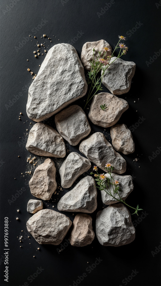 Delicate Flowers Against Rugged Gray Stones. Delicate Flowers Against Rugged Gray Stones.