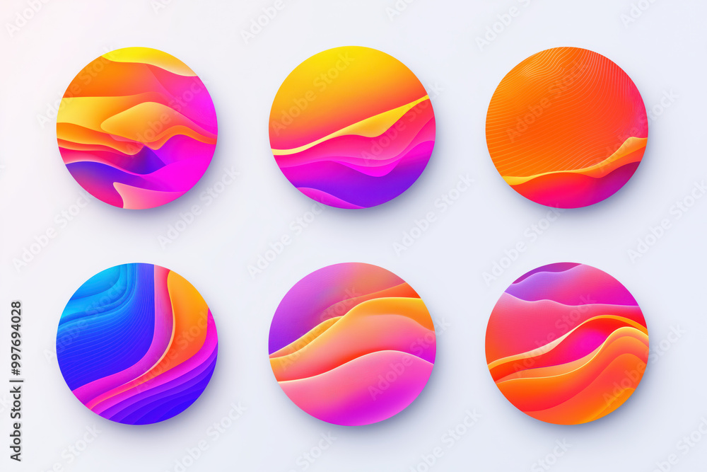 A set of six colorful circles with a wave pattern A set of six colorful circles with a wave pattern