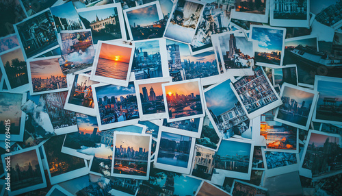 A collection of Polaroid photos scattered on a table, showcasing travel memories, sunsets, and urban scenes for a nostalgic vibe