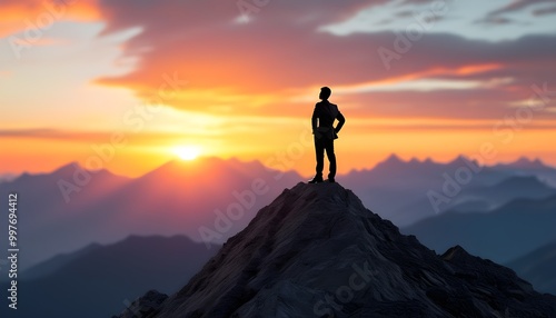 Triumphant silhouette of a business leader celebrating success atop a mountain during sunset, embodying achievement, confidence, and the spirit of teamwork and goals.