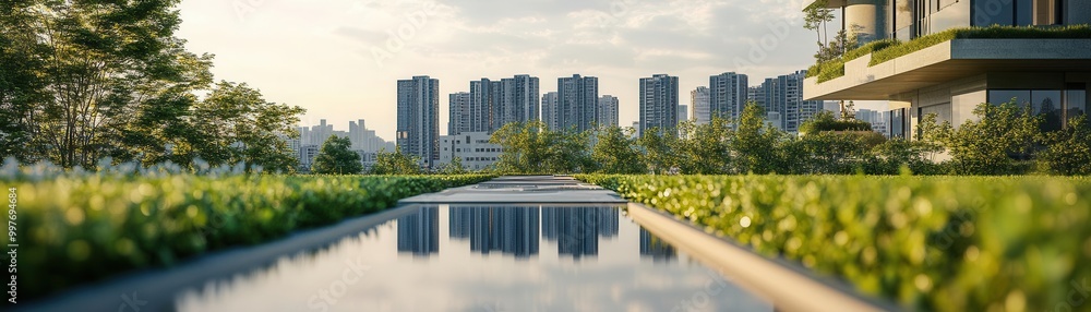 Fototapeta premium A city with sustainable water management systems, including rainwater harvesting and green rooftops, water-efficient city, urban sustainability