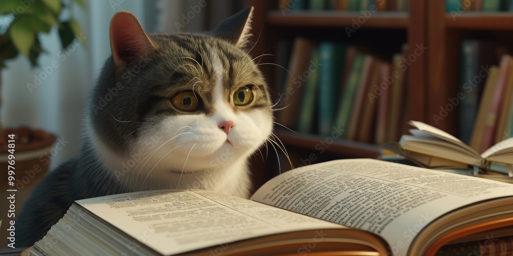 Tabby cat lying on an open book, appearing to read or study, creating a charming and intellectual animal scene
