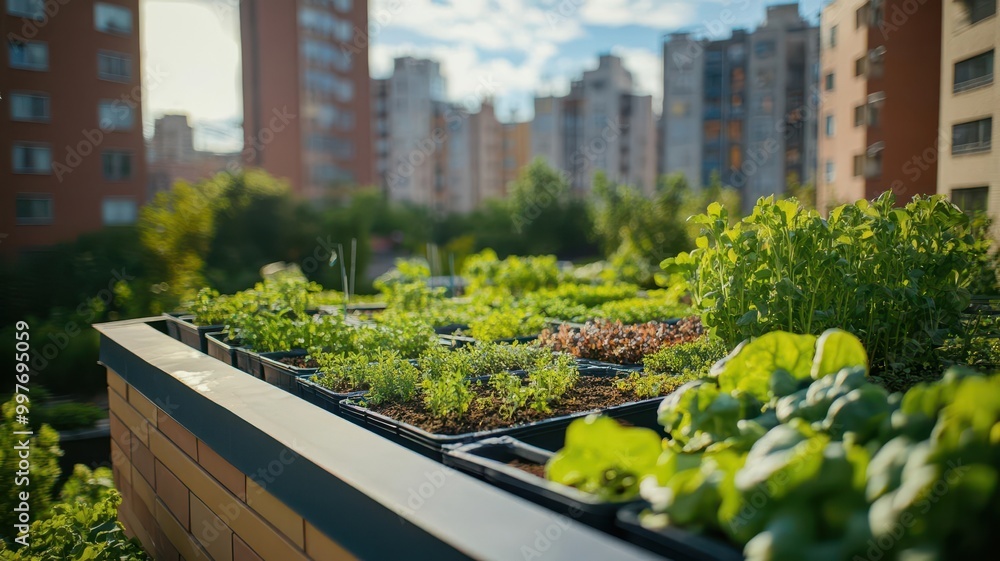 Rooftop farms and community gardens in a high-density city environment, urban farming, sustainable food production in cities Rooftop farms and community gardens in a high-density city environment, urban farming, sustainable food production in cities