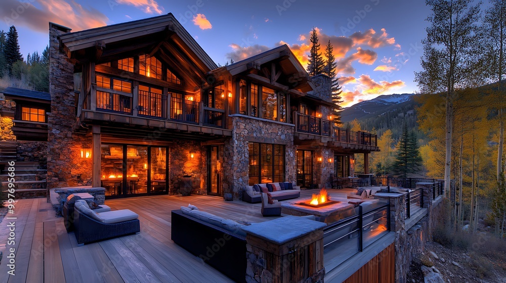 A blend of rustic and modern architecture, featuring exposed wooden beams, a stone facade, and modern amenities. The house includes a large deck and outdoor fireplace, ideal for entertaining and enjoy A blend of rustic and modern architecture, featuring exposed wooden beams, a stone facade, and modern amenities. The house includes a large deck and outdoor fireplace, ideal for entertaining and enjoy