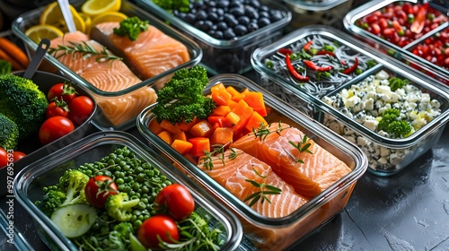 A variety of food in glass containers, including vegetables and fish