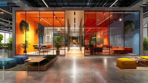 A bright and colorful office space with a lot of greenery and plants 