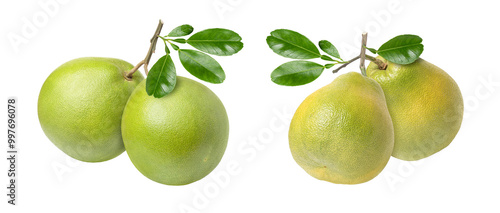 Pomelo fruit with leaf isolated on white