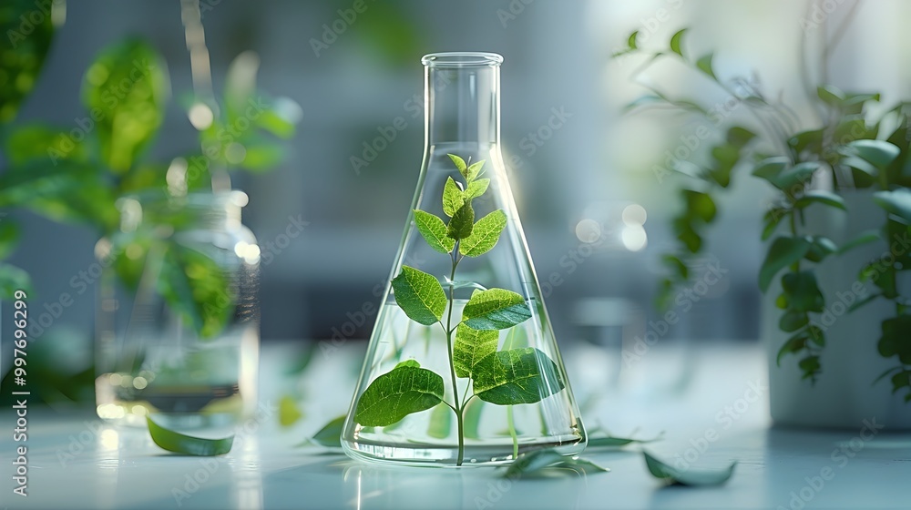 A glass vase filled with a plant is on a table A glass vase filled with a plant is on a table
