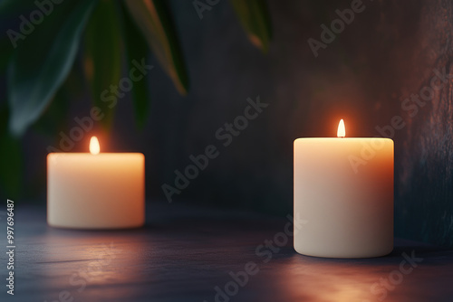 Softly Glowing Candles, warm light flickering gently, creating a serene atmosphere, illuminated by tender flames against a dark, textured backdrop.