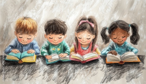 Illustration Children are learning together at school. Illustration Children reading a book. Ilustrasi pencil style texture. Colorful Classroom Scene with Happy Students.