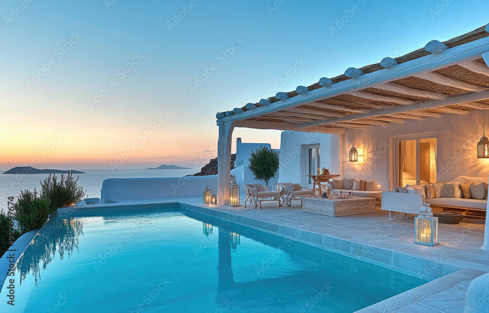 Fototapeta premium a modern swimming pool with a white wooden gazebo and blue water, set against a blue sky with reflections in the water.