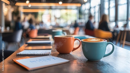 A high-energy co-working cafe with large communal tables, coffee cups, notepads, and professionals brainstorming ideas, energetic cafe, productive workspace