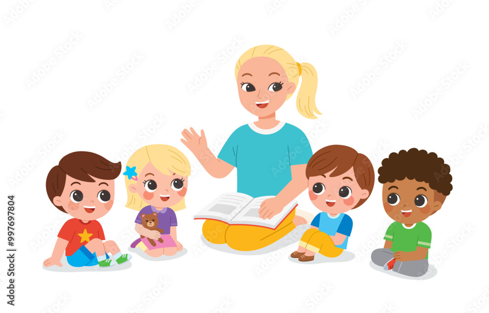 A teacher is sitting and reading a storybook to young students. The children are seated around the teacher on floor, listening intently. A teacher is sitting and reading a storybook to young students. The children are seated around the teacher on floor, listening intently.