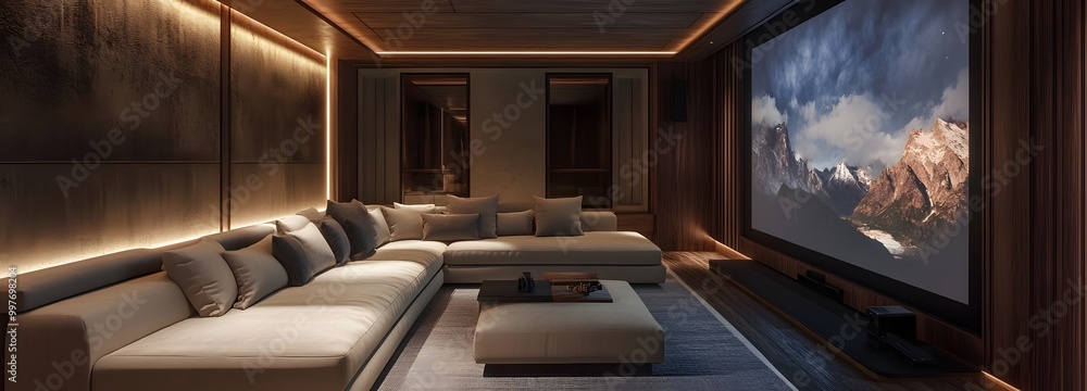 Fototapeta premium 14. A stylish home theater room with a sectional sofa, projector screen, and surround sound system
