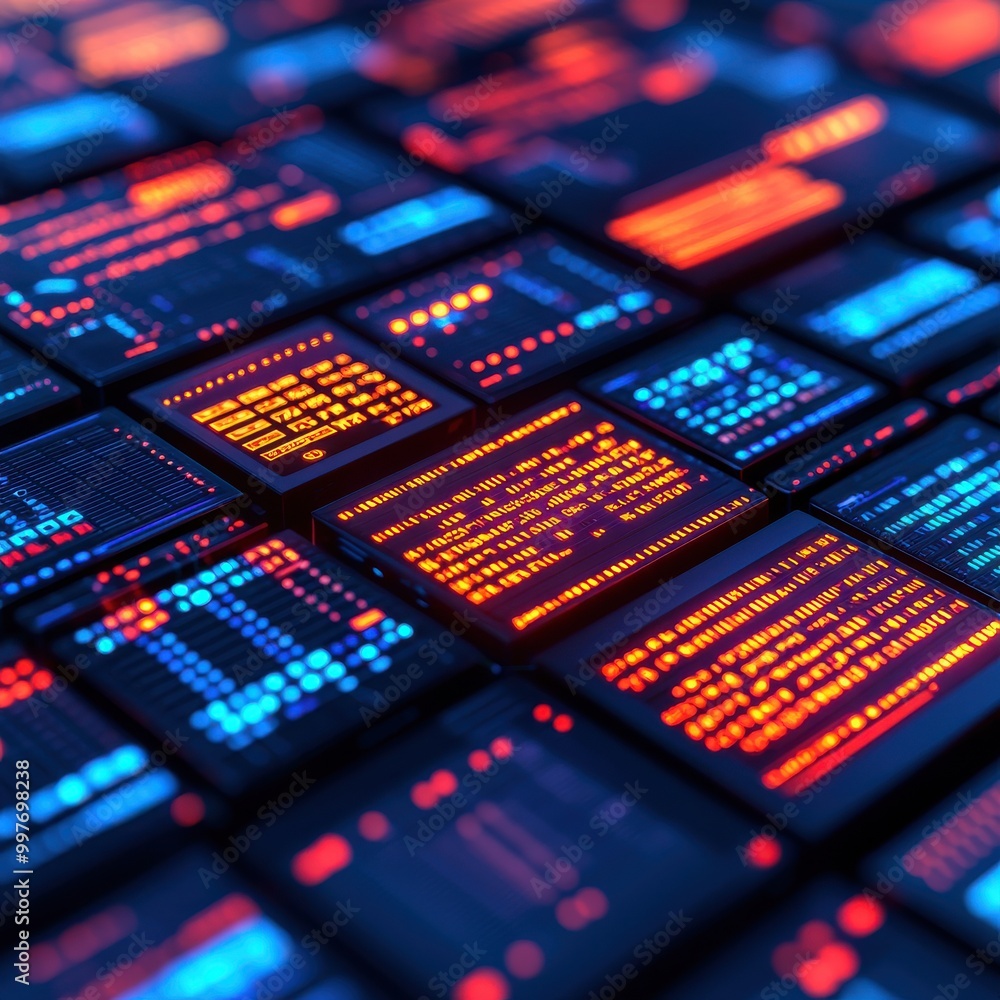 Abstract digital background with vibrant glowing screens. Abstract digital background with vibrant glowing screens.