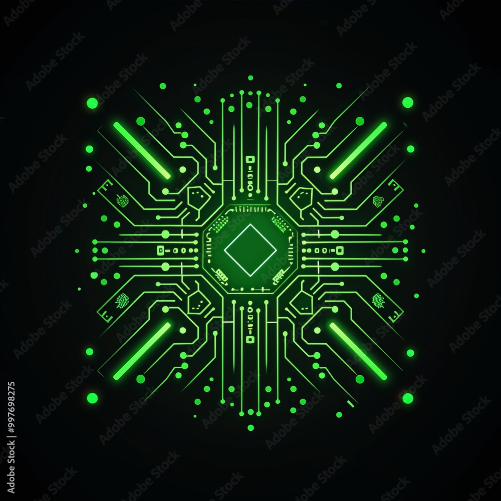 Digital circuit board glowing with green light and intricate patterns. Digital circuit board glowing with green light and intricate patterns.