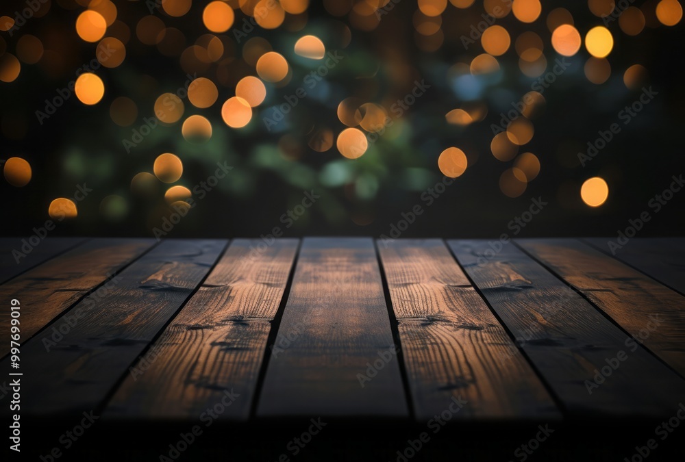 Wooden table or floor background, Blurred warm lights creating cozy atmosphere Wooden table or floor background, Blurred warm lights creating cozy atmosphere
