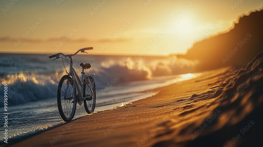 Fototapeta premium A joyful Sunday bike ride along a beach, with the sun setting and the waves crashing in the background, Sunday adventure, outdoor happiness