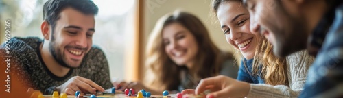 A group of friends playing board games on a Sunday afternoon, laughter filling the air, Sunday fun, joyful gathering