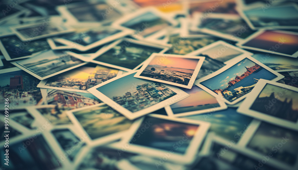 Naklejka premium A collection of Polaroid photos scattered on a table, showcasing travel memories, sunsets, and urban scenes for a nostalgic vibe