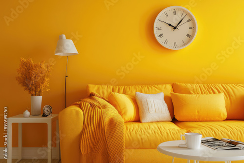 A bright yellow living room with a sofa, an armchair, and a clock on the wall, all in shades of yellow. A cozy blanket is draped over one side of the couch, adding warmth to its design.