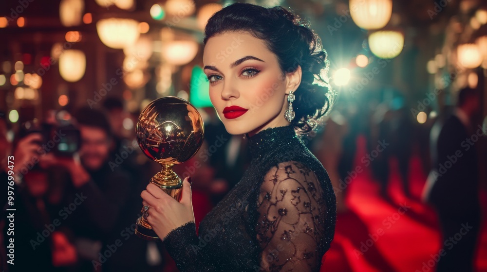 A fashionable woman in a black lace dress holds a golden trophy while posing at a lavish award event. The background features blurred guests and chandeliers, creating an atmosphere of celebration. A fashionable woman in a black lace dress holds a golden trophy while posing at a lavish award event. The background features blurred guests and chandeliers, creating an atmosphere of celebration.