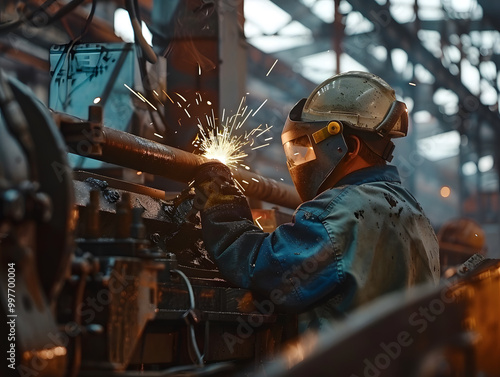 worker in protective gear operates heavy machinery, creating sparks in industrial setting. atmosphere is filled with energy and focus as safety measures are prioritized photo