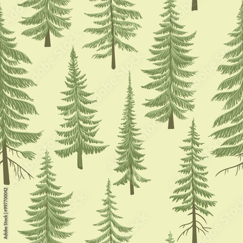 vector drawing seamless pattern with fir trees, spruce trees, coniferous trees, natural forest background, hand drawn illustration