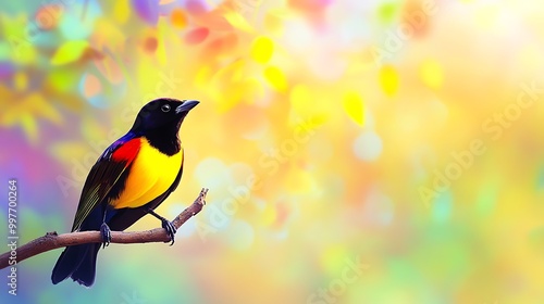 A bird perched on a branch with a colorful background, photorealistic photo