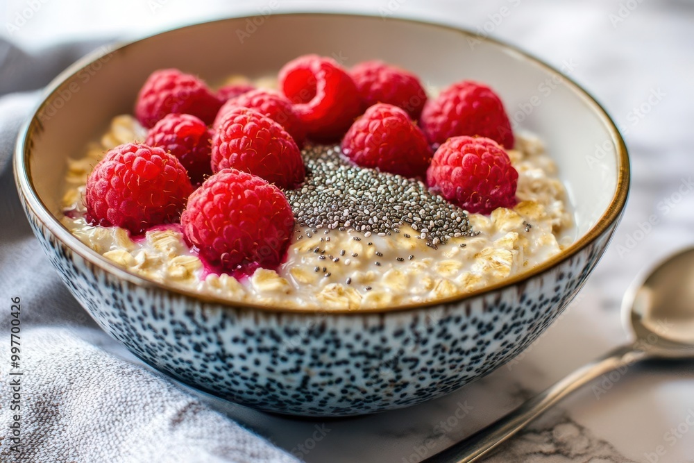 Oatmeal with almond milk, chia seeds, and fresh raspberries, served in a cozy bowl with a spoon beside it Oatmeal with almond milk, chia seeds, and fresh raspberries, served in a cozy bowl with a spoon beside it