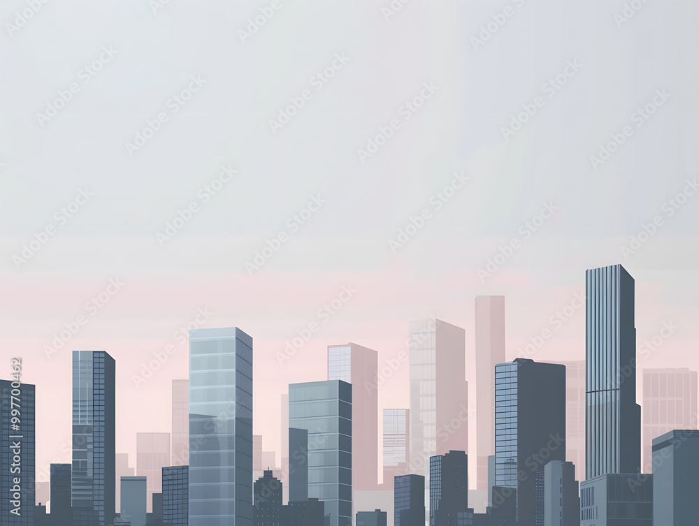 Fototapeta premium Minimalist city skyline at dusk featuring simple geometric shapes and soft colors. serene atmosphere evokes sense of calm and tranquility in urban setting
