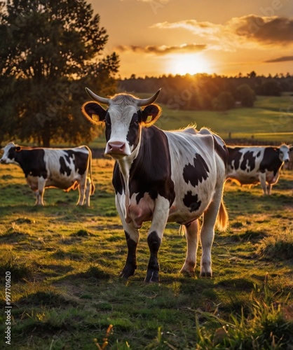 Cows enjoying a serene sunset in a lush pasture. Great for ads promoting sustainable farming, local produce, or rural tourism. Captures farm life beautifully.