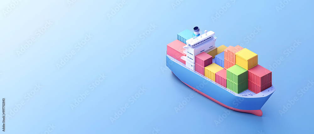 A blue ship with red, yellow, and green cargo containers on it, 3d style A blue ship with red, yellow, and green cargo containers on it, 3d style