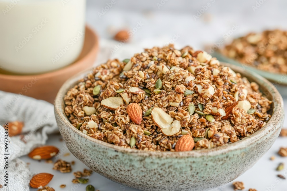 Keto granola made with nuts and seeds, served with a bowl of unsweetened almond milk, keto breakfast, low-carb snack idea Keto granola made with nuts and seeds, served with a bowl of unsweetened almond milk, keto breakfast, low-carb snack idea