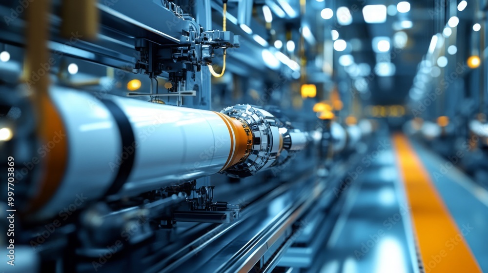 A white pipe moves along an industrial assembly line in a factory. The pipe is being processed by various machines as it travels along the line A white pipe moves along an industrial assembly line in a factory. The pipe is being processed by various machines as it travels along the line