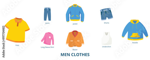 Men Clothes Flat Banner Web Icon Set Vector Illustration, Jeans Blazer Hoodie Jacket Polo Shorts Long Sleeve Shirts Undershirt