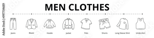 Men Clothes Line Banner Web Icon Set Vector Illustration, Jeans Blazer Hoodie Jacket Polo Shorts Long Sleeve Shirts Undershirt