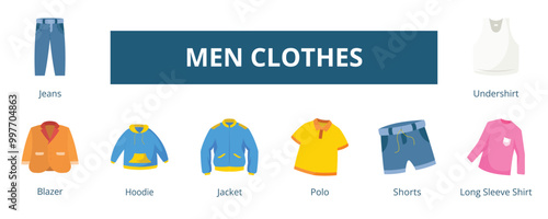 Men Clothes Lineal Color Banner Web Icon Set Vector Illustration, Jeans Blazer Hoodie Jacket Polo Shorts Long Sleeve Shirts Undershirt