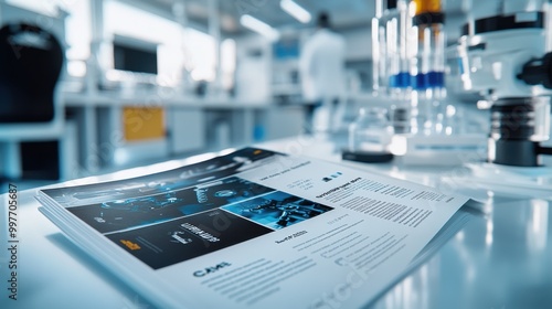 Wallpaper Mural A white science laboratory background with a flyer designed in InDesign featuring the word 'Hospital,' displayed on a clean laboratory countertop with a backdrop of lab tools. Torontodigital.ca