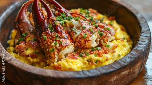 Boston Lobster tossed with Salted Egg Yolk served in a dish side view on wooden background photo