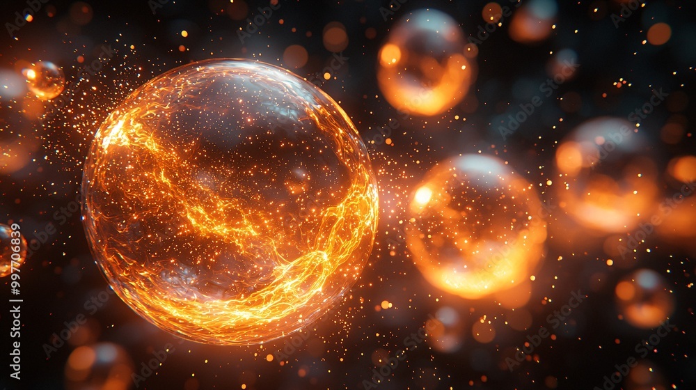 Glowing golden bubbles forming a trail as they pass through layers of translucent skin cells Glowing golden bubbles forming a trail as they pass through layers of translucent skin cells